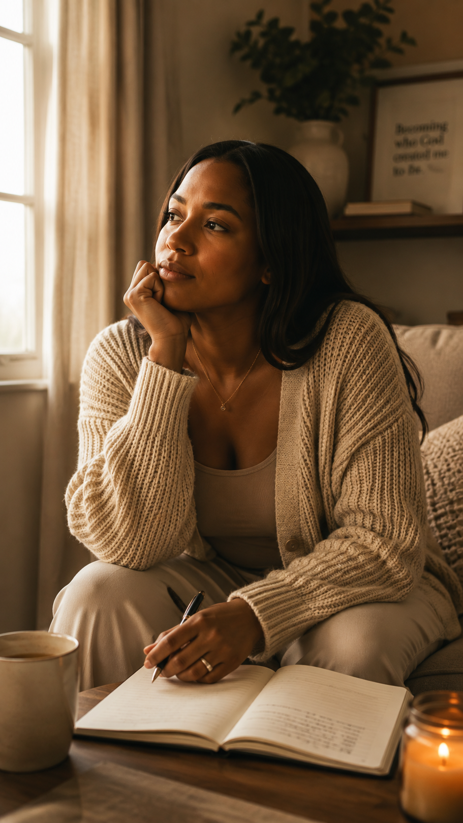 A woman reflecting quietly while journaling